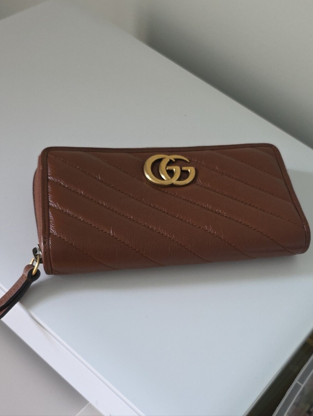 Gucci Tan Quilted Leather Zip Wallet with Gold GG